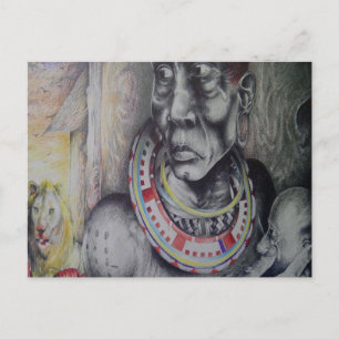Maasai-Mutter & Kind mit Löwe Kunstprint/Grafik Postkarte