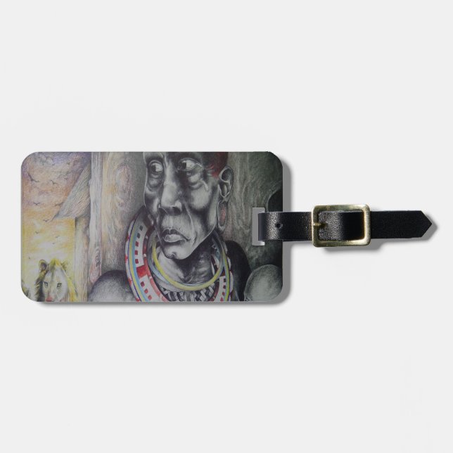 Maasai Mutter & Kind mit Löwenkunst Print/Grafik Gepäckanhänger (Vorderseite horizontal)