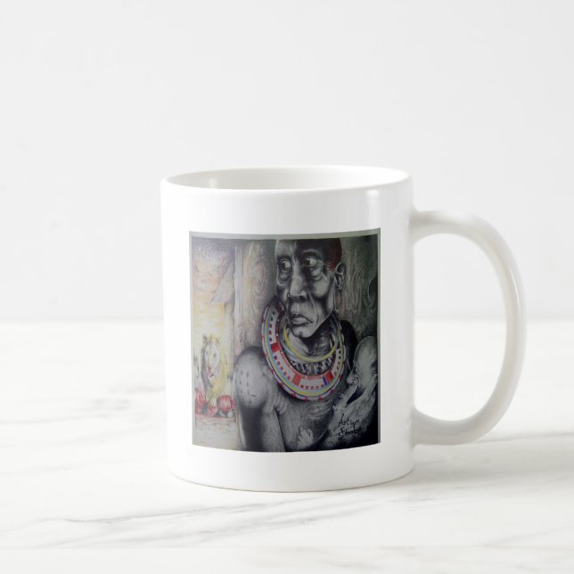 Maasai Mutter & Kind mit Löwenkunst Print/Grafik Kaffeetasse (Rechts)