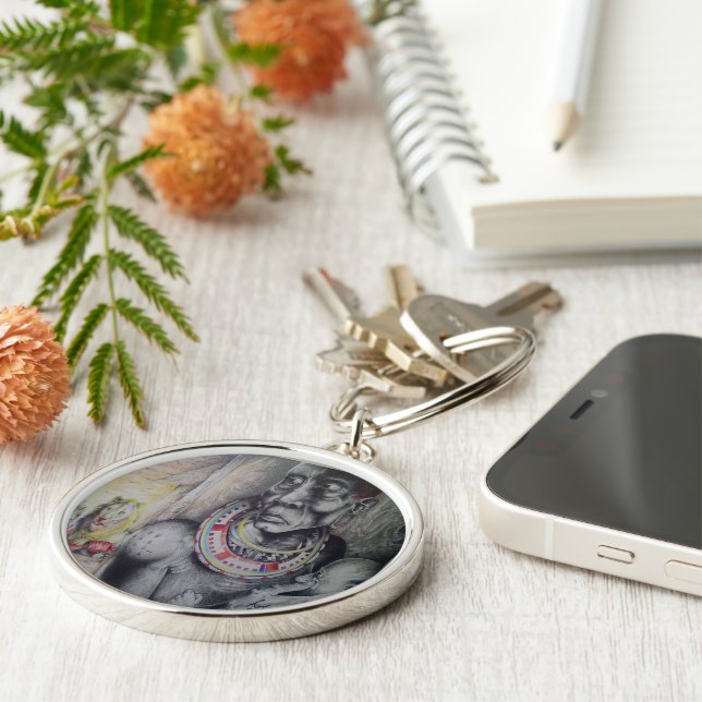 Maasai Mutter & Kind mit Löwenkunst Print/Grafik Schlüsselanhänger (Seite)