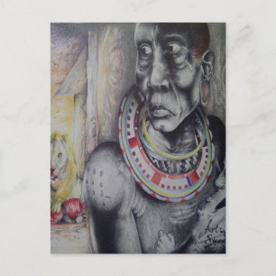 Maasai Mutter und Kind mit Löwe Art Print/Graphen Postkarte