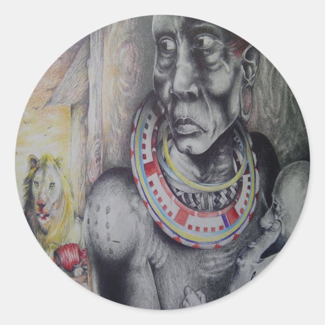Maasai Mutter und Kind mit Löwe Art Print/Graphen Runder Aufkleber (Vorderseite)