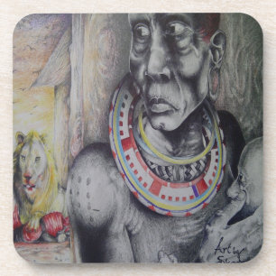 Maasai Mutter und Kind mit Löwe Art Print/Graphen Untersetzer