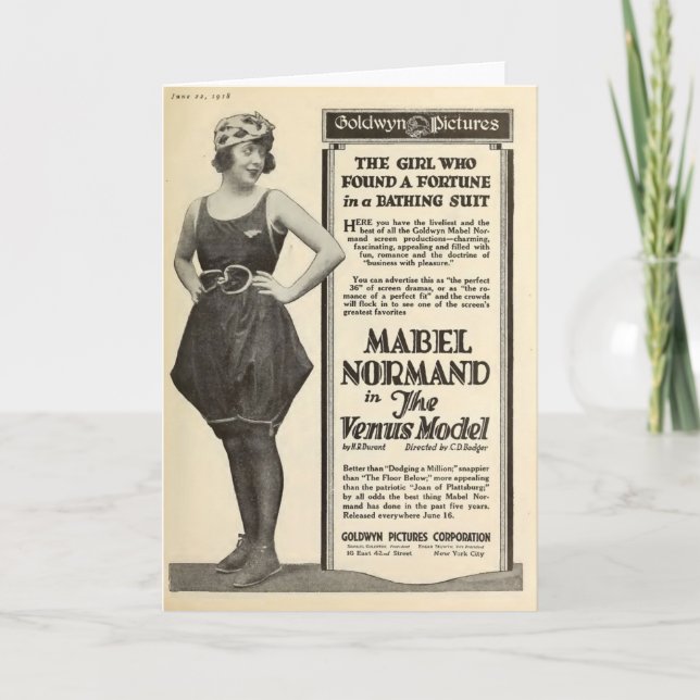 Mabel Normand 1918 Badeportrait Stille Anzug Karte (Vorderseite)