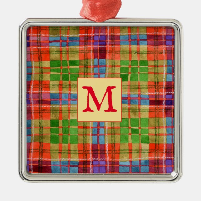 MAC RAE TARTAN Glas Square Ornament + Initial (Vorne)
