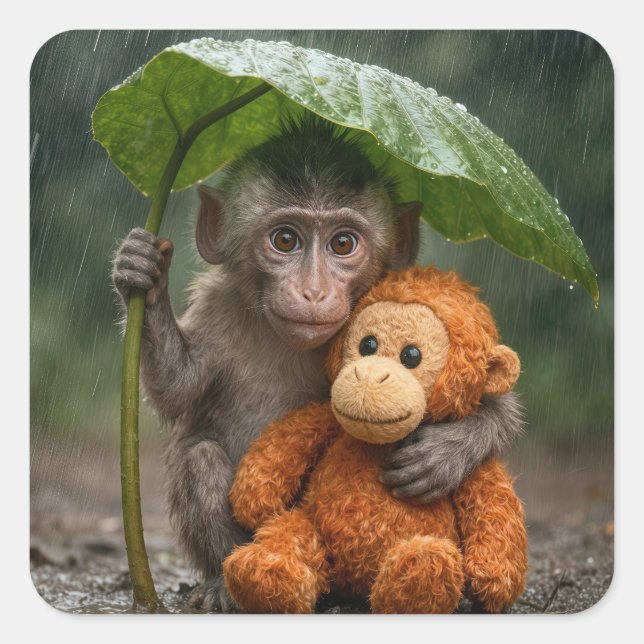 Macaque Monkey with Orange Orangutan Quadratischer Aufkleber (Vorderseite)