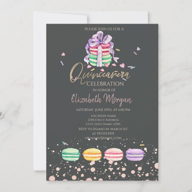 Macarons Confetti Dots Quinceañera Einladung (Vorderseite)