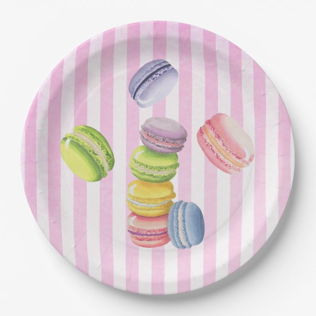 Macarons Französisch Konditorei in Pastellfarben Pappteller (Vorderseite)