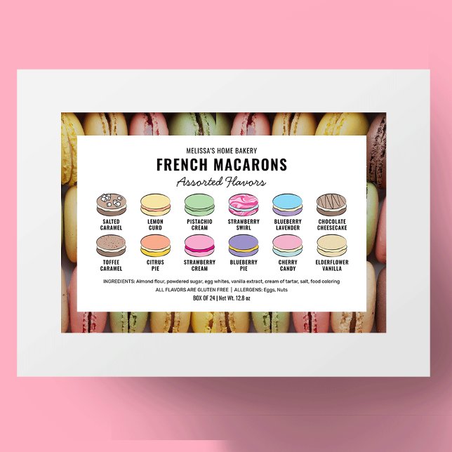 Macarons-Geschmacksmenü mit benutzerdefinierten Fa Rechteckiger Aufkleber (Macaron Flavors Product Label with macarons clipart which allow you to edit all colors and text)
