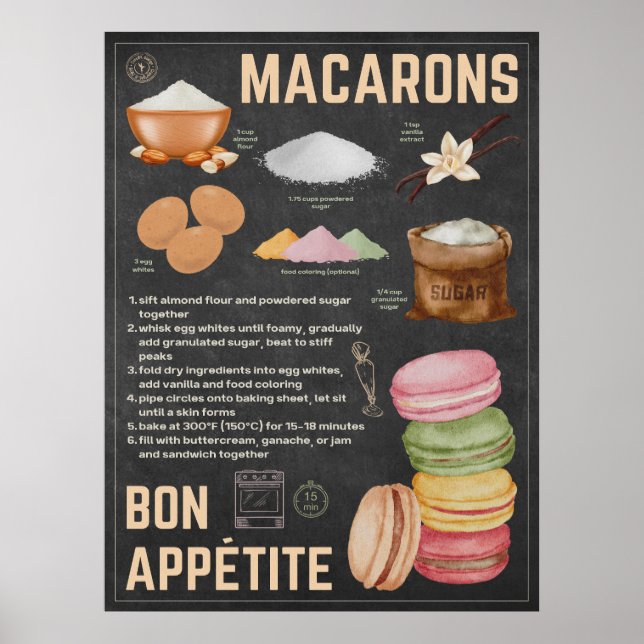Macarons Recipe Chalkboard Küche Poster (Vorne)