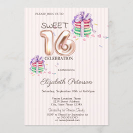 Macarons Stripes Rose Gold Sweet 16 Einladung