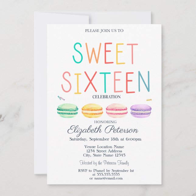 Macaroons Watercolor Striped Colorful Sweet 16 Einladung (Vorderseite)
