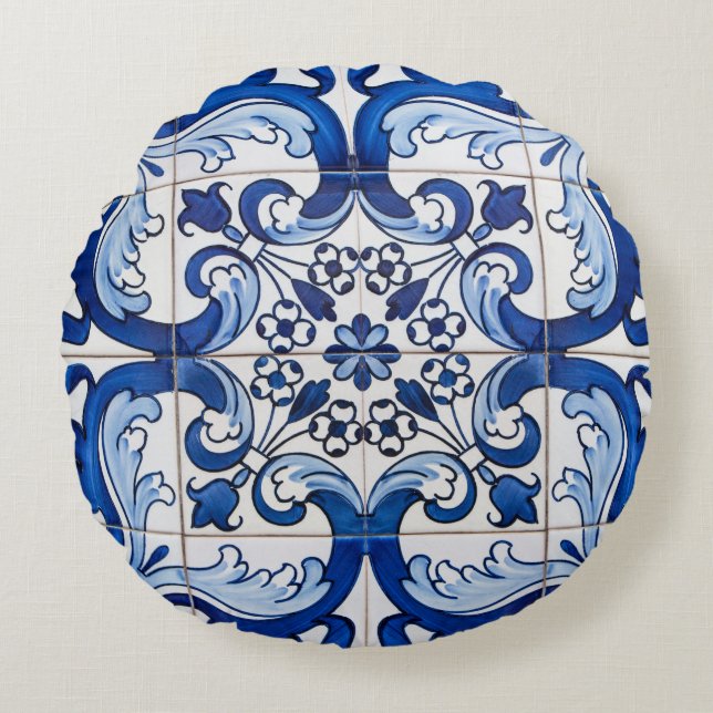 Macau Azulejo Tile Pattern Rundes Kissen (Vorderseite)