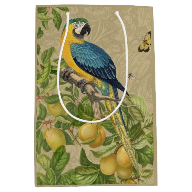 Macaw Blue Yellow Tropical Dschungel Antique Mittlere Geschenktüte (Vorderseite)