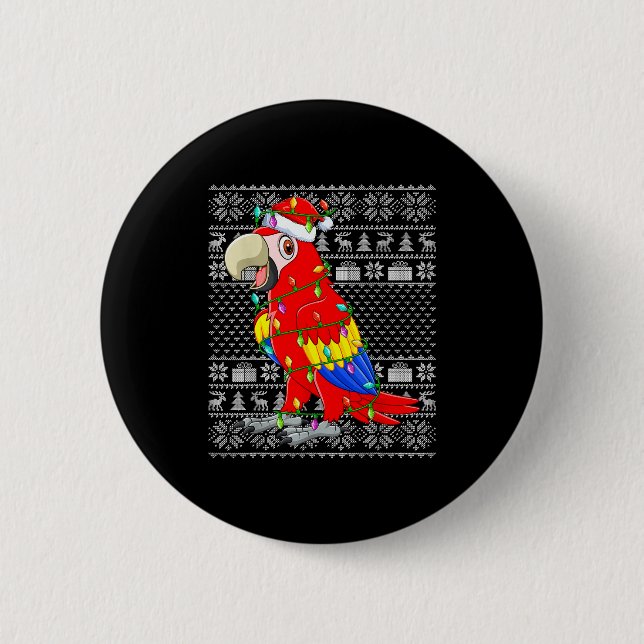 Macaw Parrot Christmas Lights Ugly Sweater Funny B Button (Vorderseite)