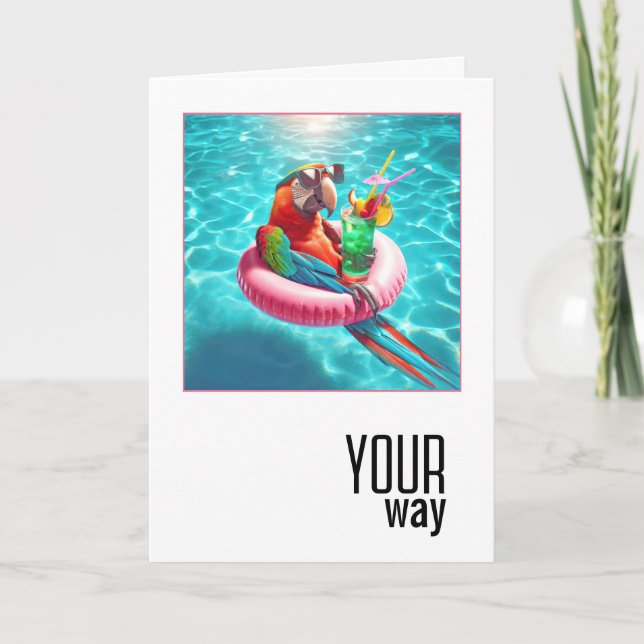 Macaw Parrot mit einem Cocktail in einem Pool Karte (Vorderseite)