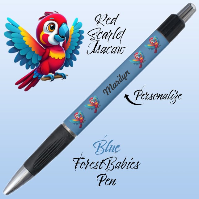 Macaw Parrot, Tropical Bird Safari Animal Blue 🦜 Kugelschreiber (Cute Whimsical Tropical Macaw Parrot Bird Cartoon Graphic, Blue Customizable ForestBabies Pen 🐦🌴)