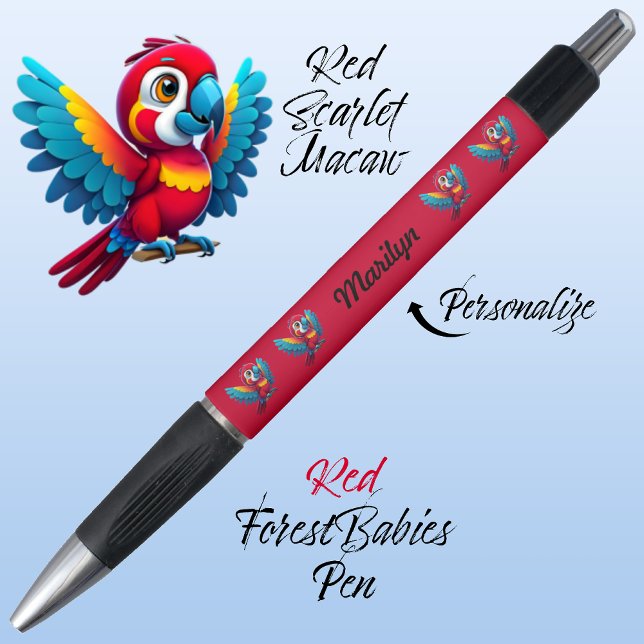 Macaw Parrot, Tropical Bird Safari Animal Red 🦜 Kugelschreiber (Cute Whimsical Tropical Macaw Parrot Bird Cartoon Graphic, Red Customizable ForestBabies Pen 🐦🌴)