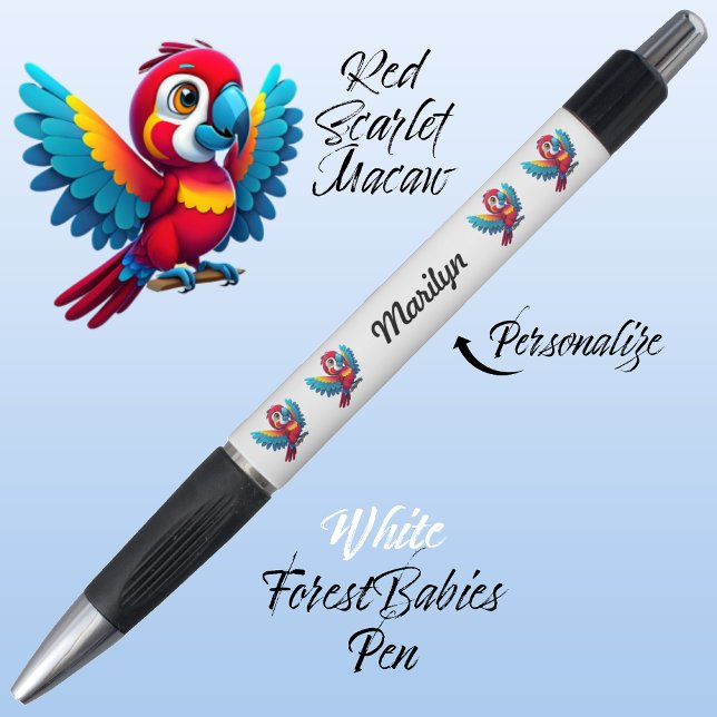 Macaw Parrot, Tropical Bird Safari Animal White 🦜 Kugelschreiber (Cute Whimsical Tropical Macaw Parrot Bird Cartoon Graphic, White Customizable ForestBabies Pen 🐦🌴)