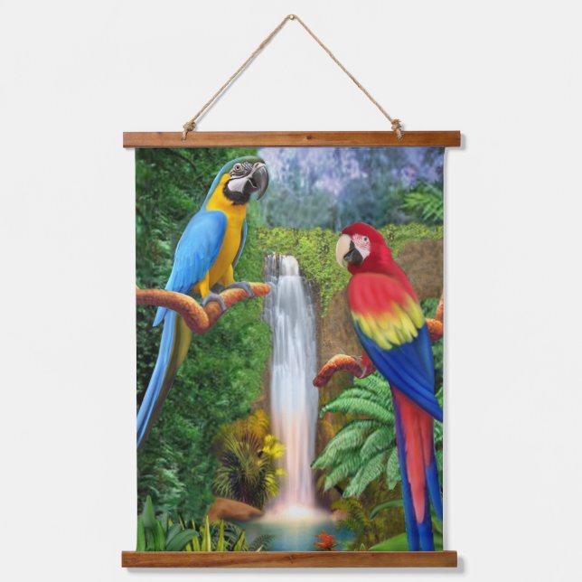 Macaw Tropical Parrots Wandteppich Mit Holzrahmen (Vorderseite)