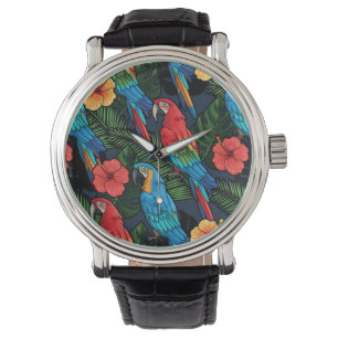 Macaw-und Hibiskus-Muster Armbanduhr