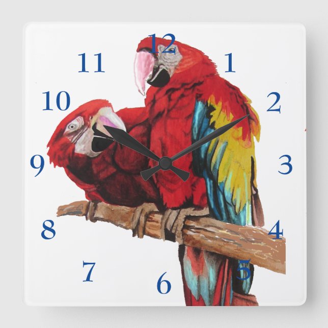 Macaw Watercolor Parrot Bird Childrings Room Clock Quadratische Wanduhr (Vorderseite)