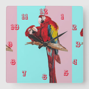 Macaw Watercolor Parrot Bird Childrings Room Clock Quadratische Wanduhr