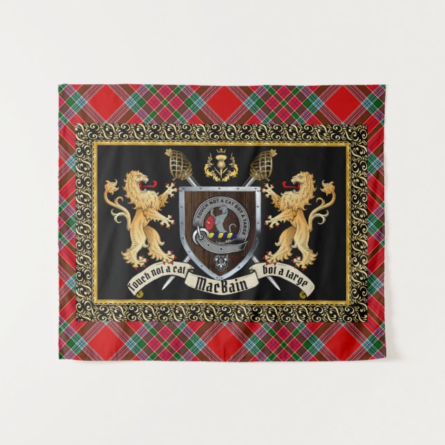 MacBain Clan Abzeichen & Motto mit Löwen Wandteppich (Vorderseite (Horizontal))