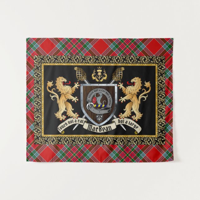 MacBean Clan Abzeichen & Motto mit Löwen Wandteppich (Vorderseite (Horizontal))