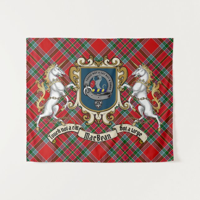 MacBean Clan Abzeichen & Unicorns mit Tartan Wandteppich (Vorderseite (Horizontal))