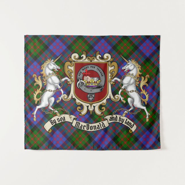MacDonald Clan Abzeichen & Unicorns mit Tartan Wandteppich (Vorderseite (Horizontal))
