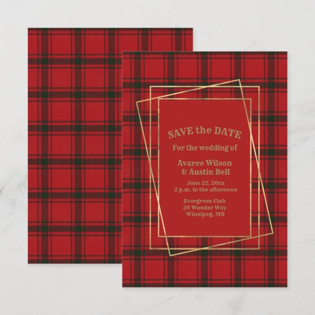 MacDonald Sleet Moderner Tartan mit Goldrahmen Save The Date (Vorne/Hinten)