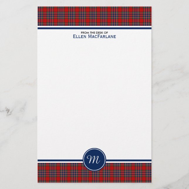 MacFarlane Clan Tartan Red and Blue Kariert Monogr Briefpapier (Vorderseite)