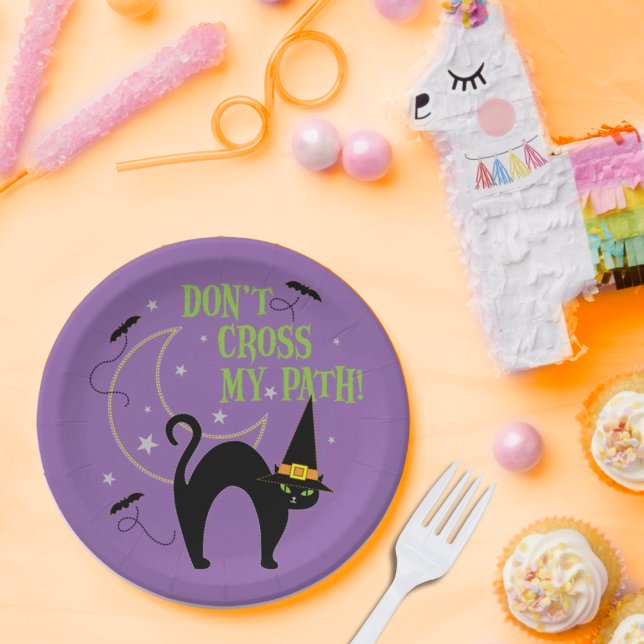 Mache mir kein Lila schwarzes KatzenHalloween auf  Pappteller (Von Creator hochgeladen)