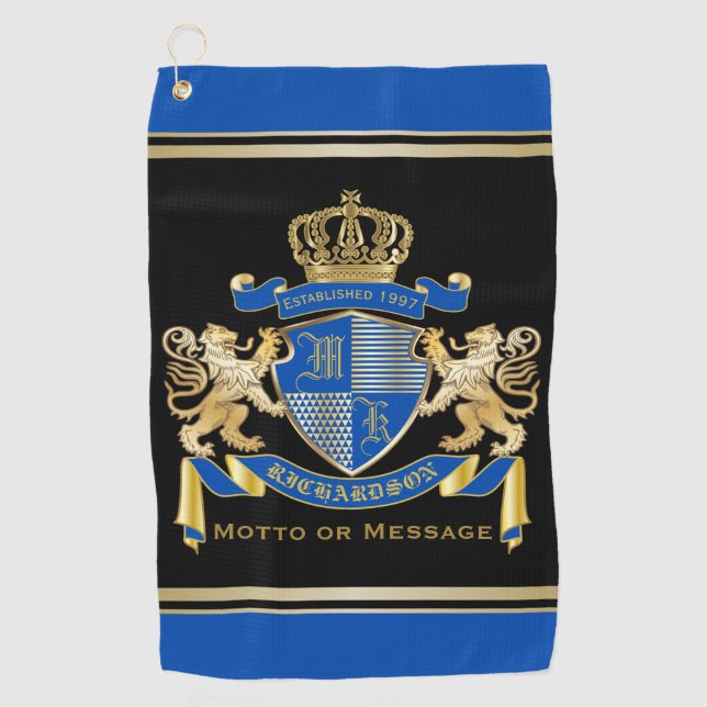 Machen Sie Ihr blaues Wappen-Monogramm-Kronenemble Golfhandtuch (Vorderseite)
