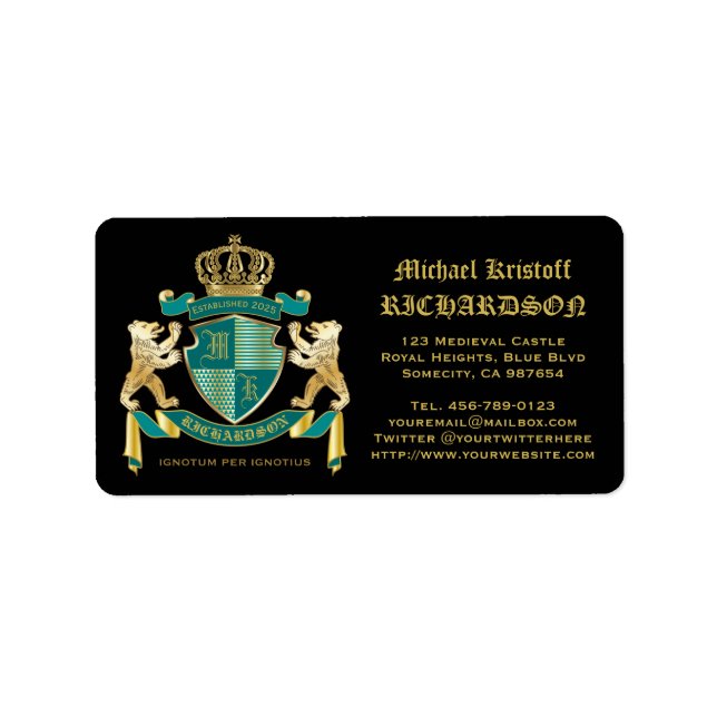 Machen Sie Ihr eigenes Wappen Aquamarinen Goldbäre Adressaufkleber (Vorne)