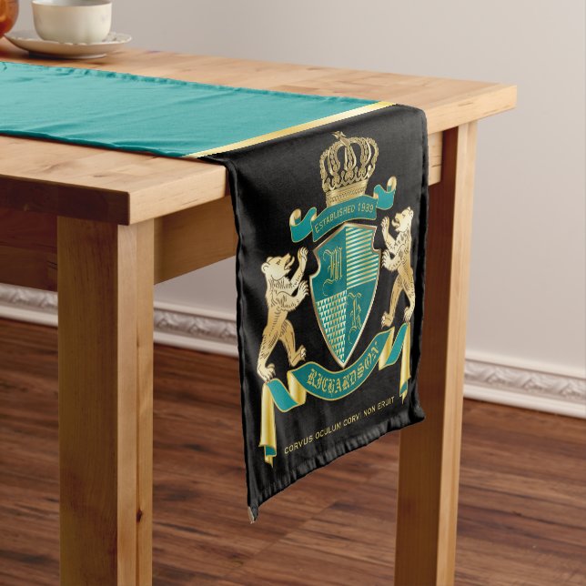 Machen Sie Ihre eigene Wappen Aquamarinen Goldbäre Kurzer Tischläufer (Beispiel)