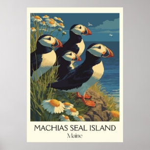Machias Siegel Island ME Vintag Puffssee Bird Art Poster