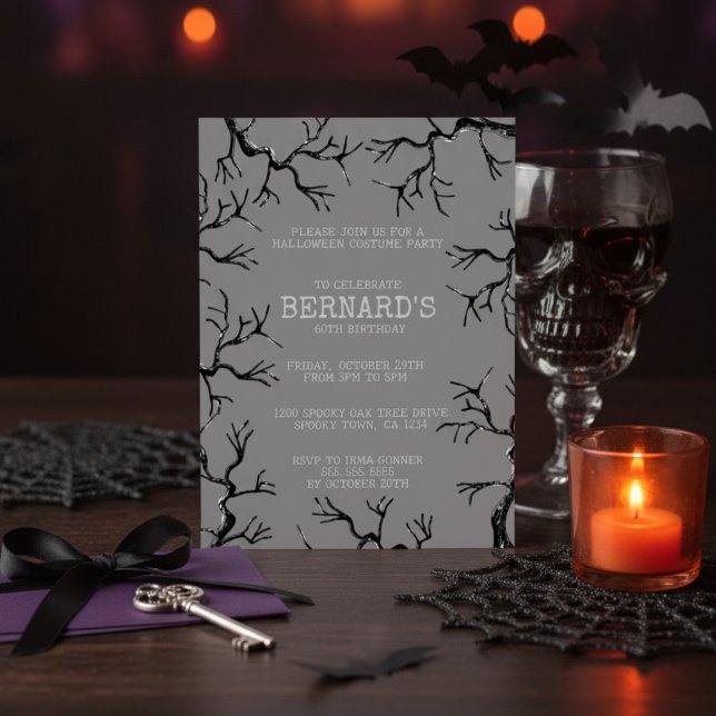 Mächtig wie die Eichenspöttin Erwachsene Geburtsta Einladung (Spooky Vintage Oak Trees Halloween Birthday Invitation. Scary Oaks Illustration in Black Ink for Him)