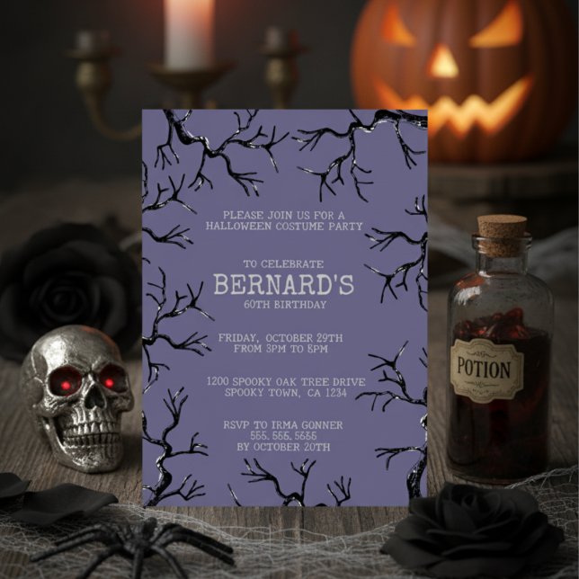 Mächtig wie die Eichenspöttin Erwachsene Geburtsta Einladung (Spooky Oak Trees Halloween Birthday Invitation. Scary Oak Tree Forest Hand Drawn in Black Ink.)