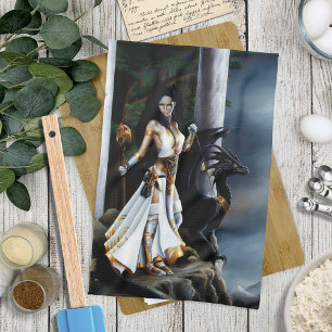 Mächtige Fantasy-Zauberin Schwarze Drachengardisti Geschirrtuch