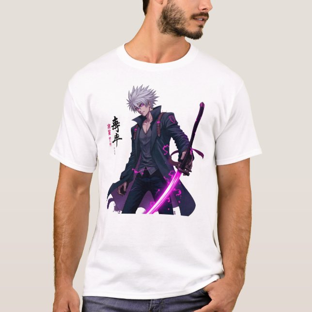 Mächtiger, weißhaariger Anime-Krieger mit glühende T-Shirt (Vorderseite)