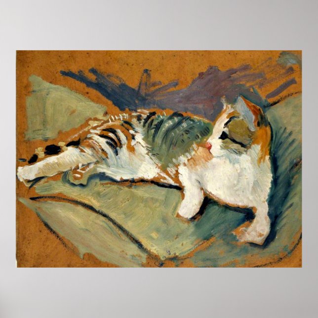 Macke - Katze auf dem grünen Kissen Poster (Vorne)