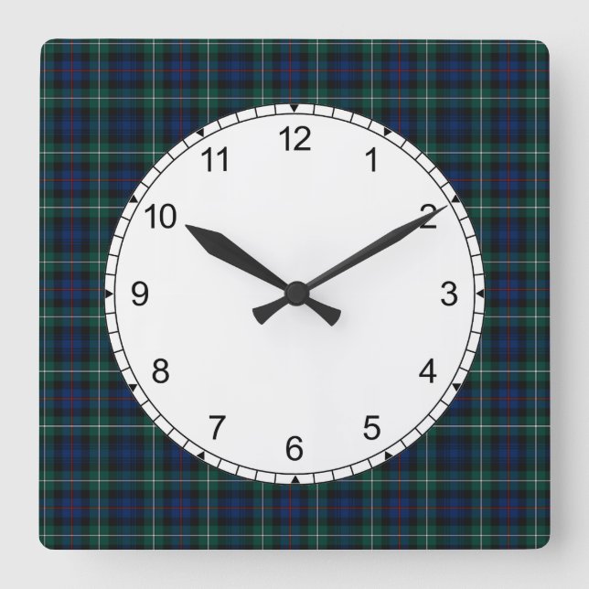 Mackenzie Family Tartan Dark Green und Blue Karier Quadratische Wanduhr (Vorderseite)