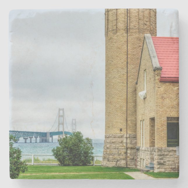 Mackinac-Brücke und Leuchtturm Steinuntersetzer (Vorderseite)