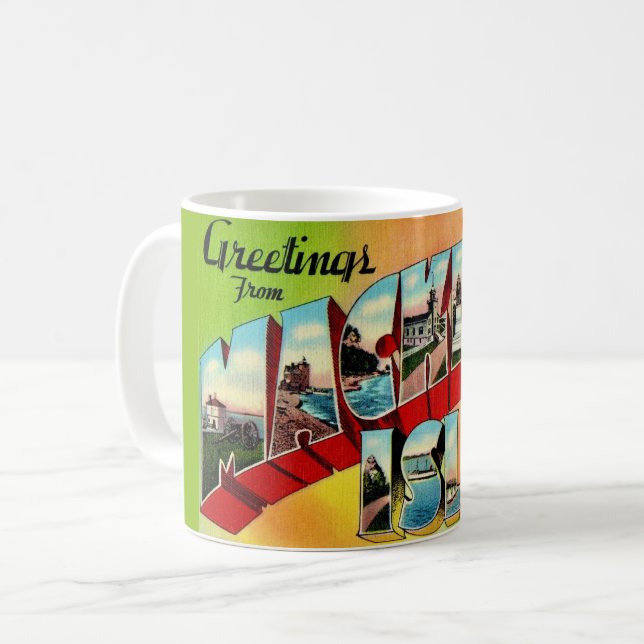 Mackinac Island Greetings Postcard Kaffeetasse (Vorderseite Links)