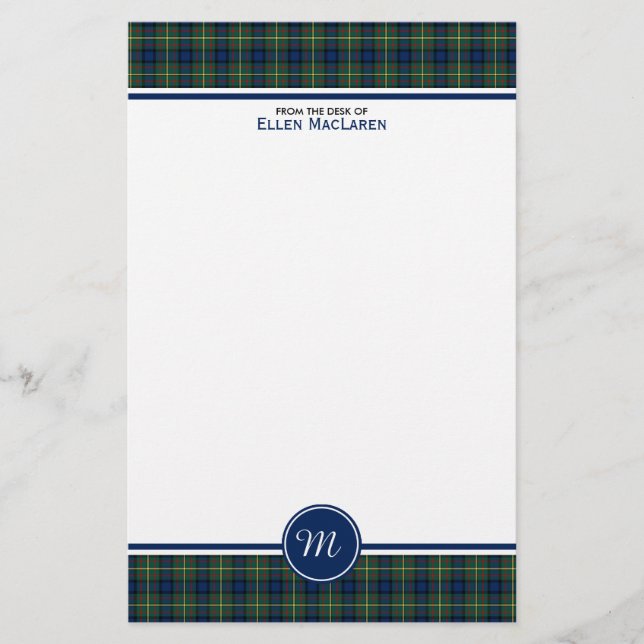 MacLaren Clan Tartan Blue und Green Kariert Monogr Briefpapier (Vorderseite)