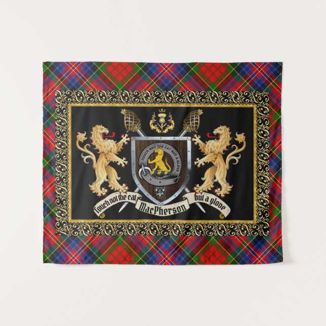 MacPherson Clan Abzeichen & Motto w/Lions Tapestry Wandteppich (Vorderseite (Horizontal))
