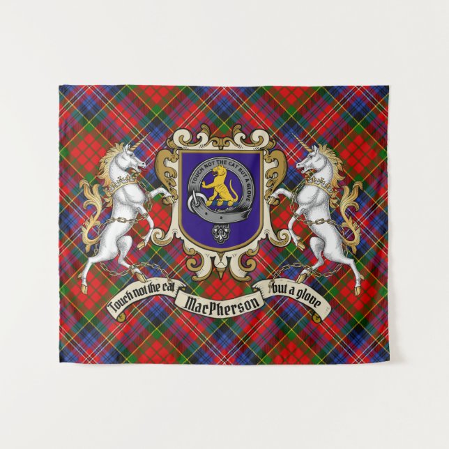 MacPherson Clan Abzeichen & Unicorns mit Tartan Wandteppich (Vorderseite (Horizontal))