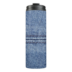 Macro Blue Denim, Nah-up Textur. Thermosbecher